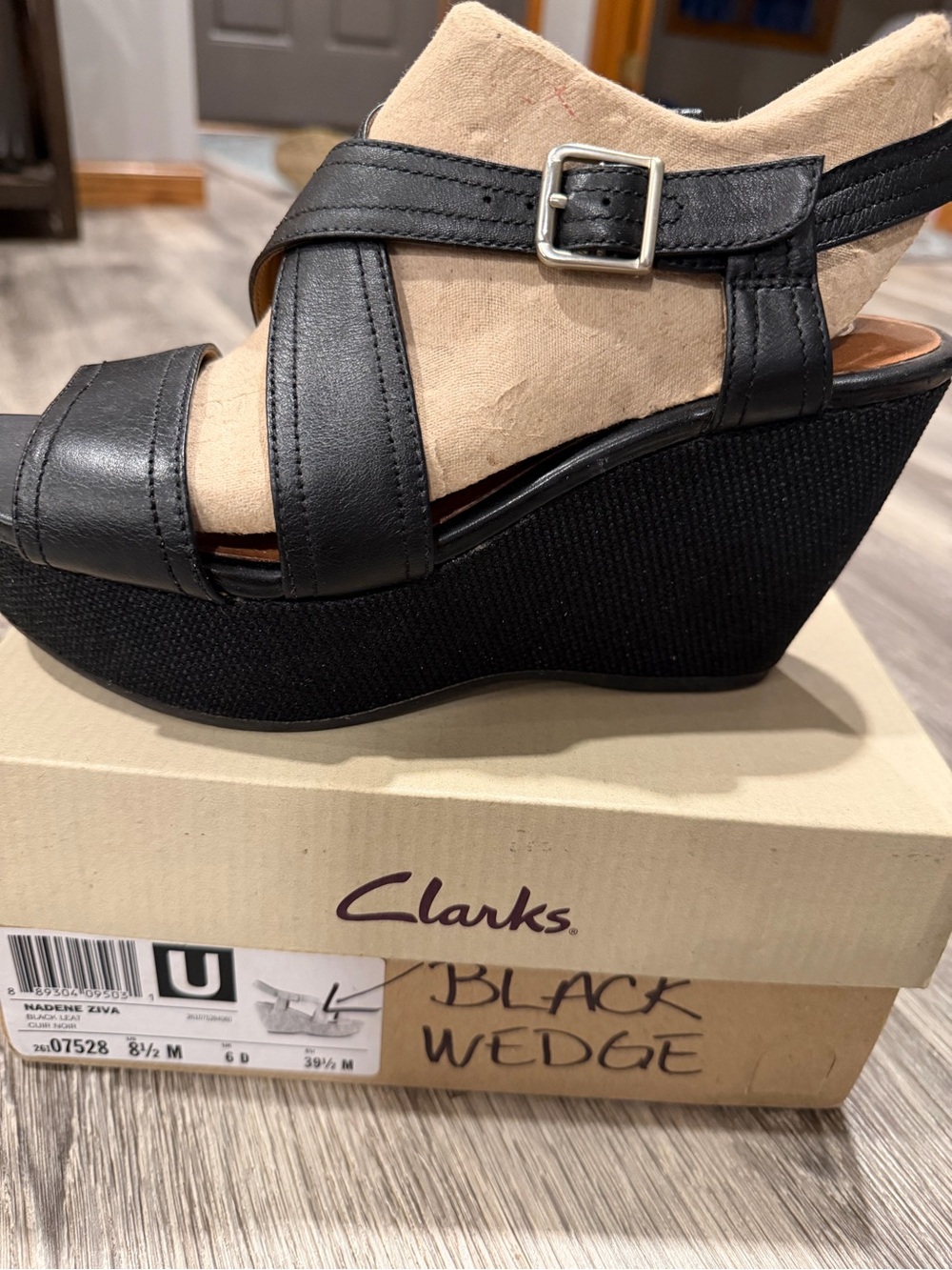 Clarks Black and Beige Leather & Suede Wedge Sandals